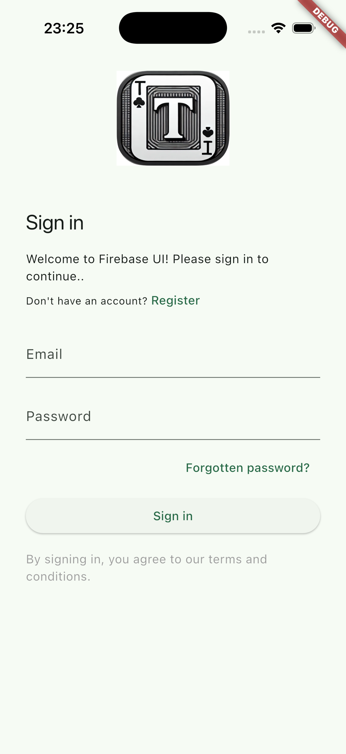 Turrar sign-in screen with email and password fields