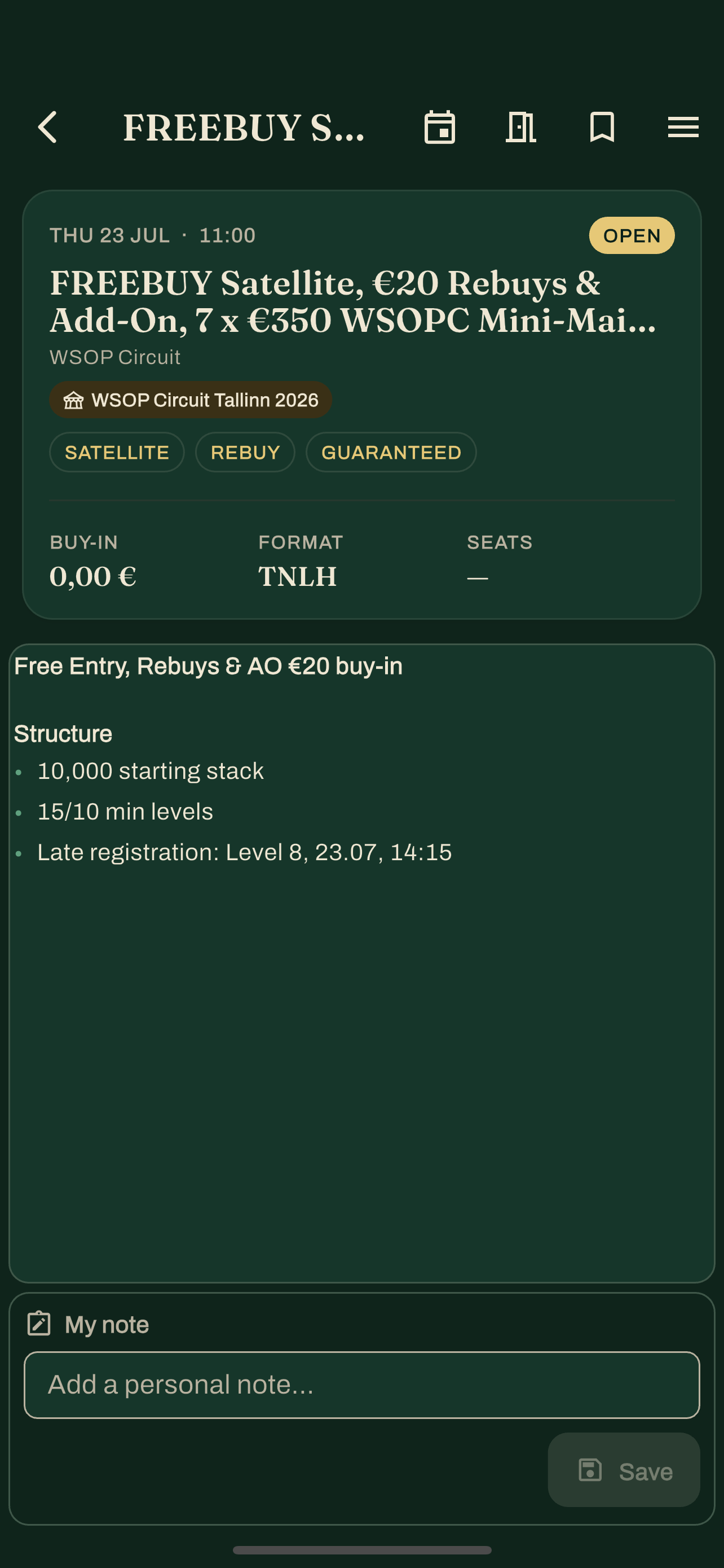 Turrar tournament detail screen showing buy-in, structure, prize pool, and registered players