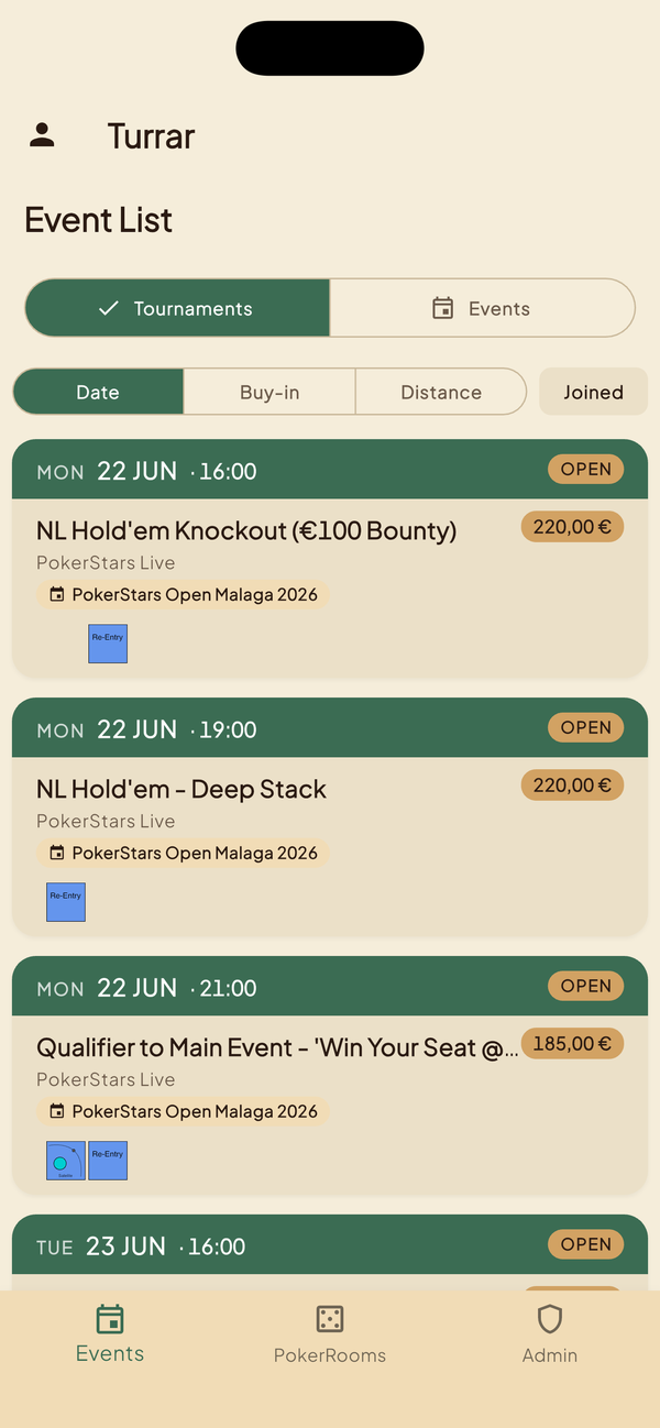 Tournament list in the Turrar app showing upcoming events with date, buy-in, and seats remaining