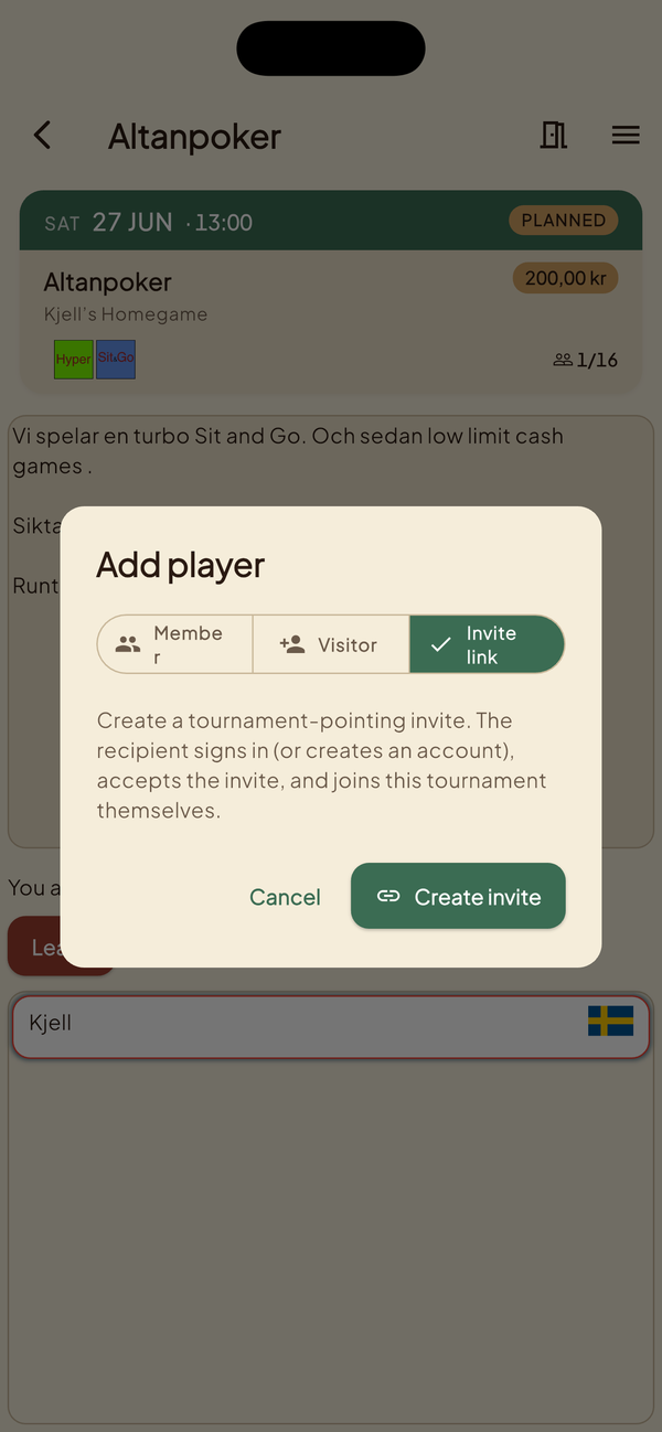 Add-player dialog in the Turrar app with the invite-link option selected