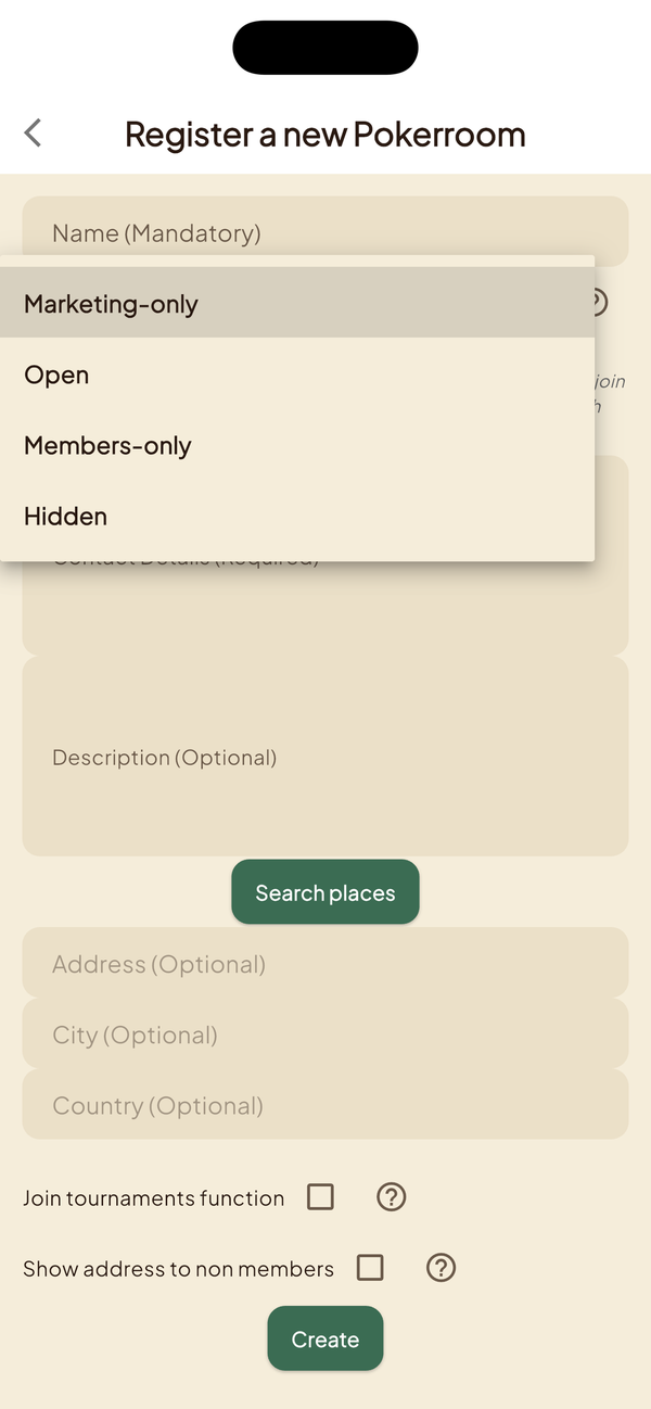 Create-pokerroom screen in the Turrar app showing the visibility-mode dropdown open with the four options